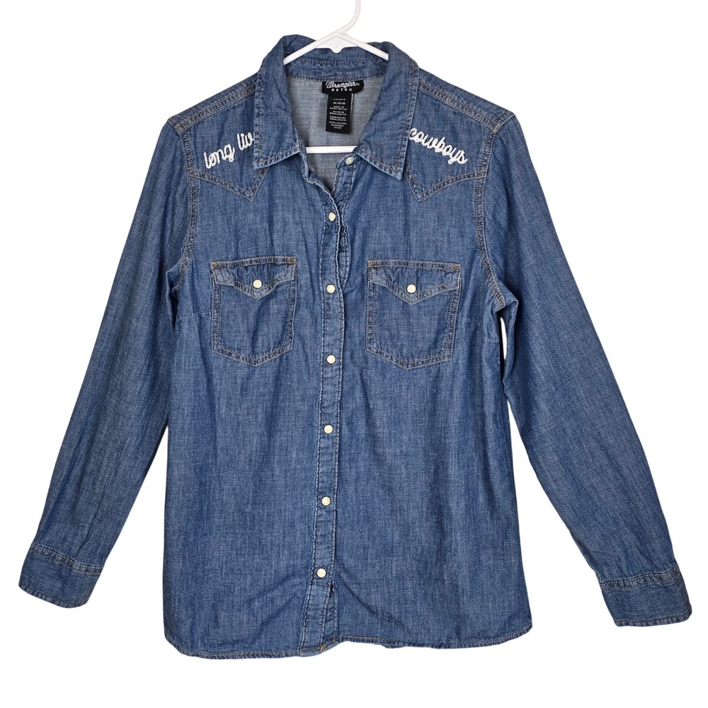 Wrangler Retro Womens Medium Embroidered Denim Western Snap Shirt Bronc Rider M